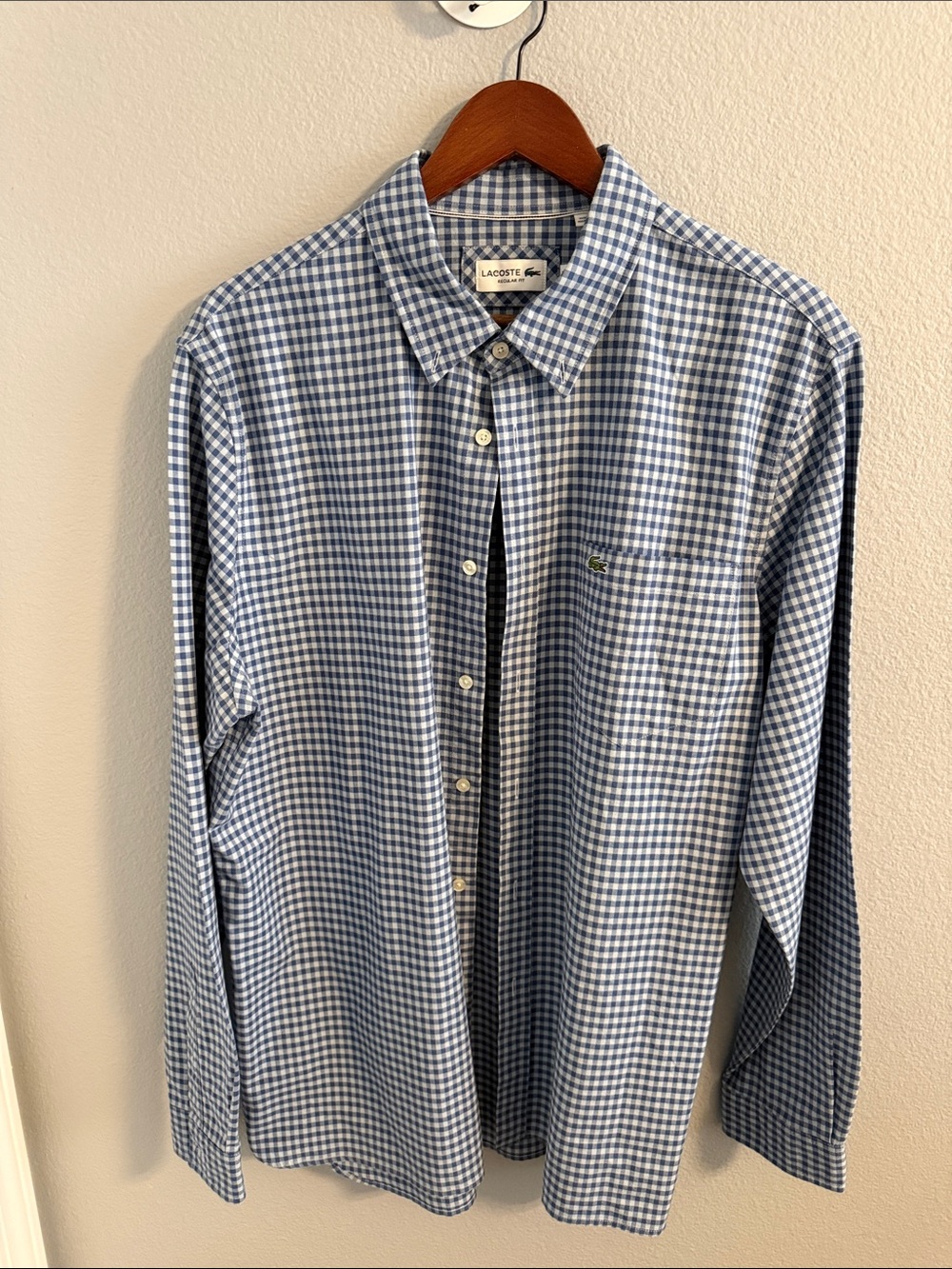 Lacoste Men’s Blue and White Gingham Button-Down Shirt